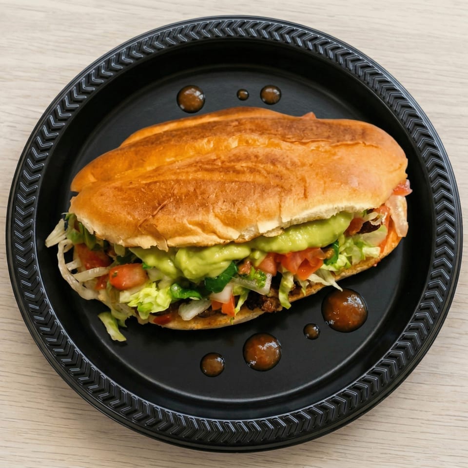 A large, fully loaded torta sandwich with guacamole, lettuce, and tomatoes on a black plate.