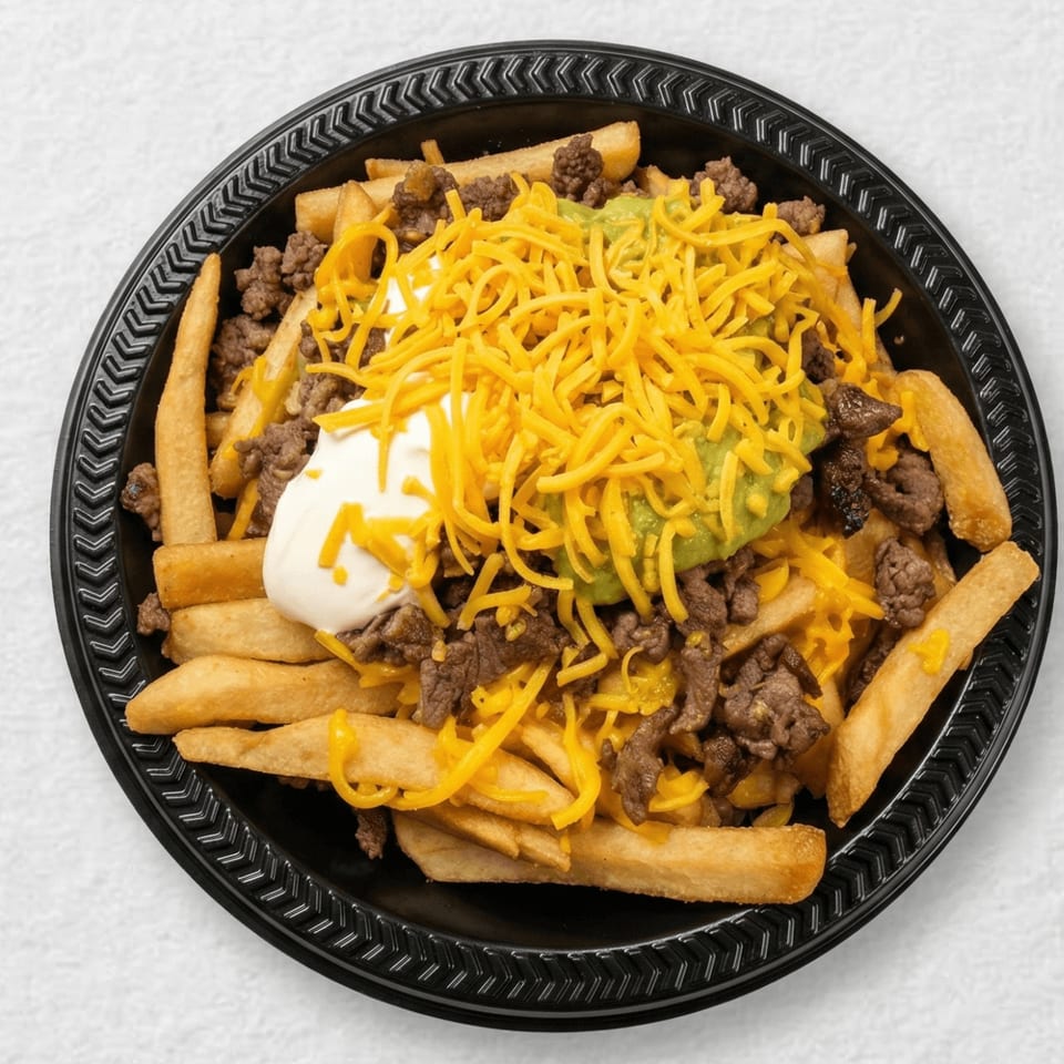 Loaded fries with ground beef, shredded cheese, guacamole, and sour cream in a black bowl.