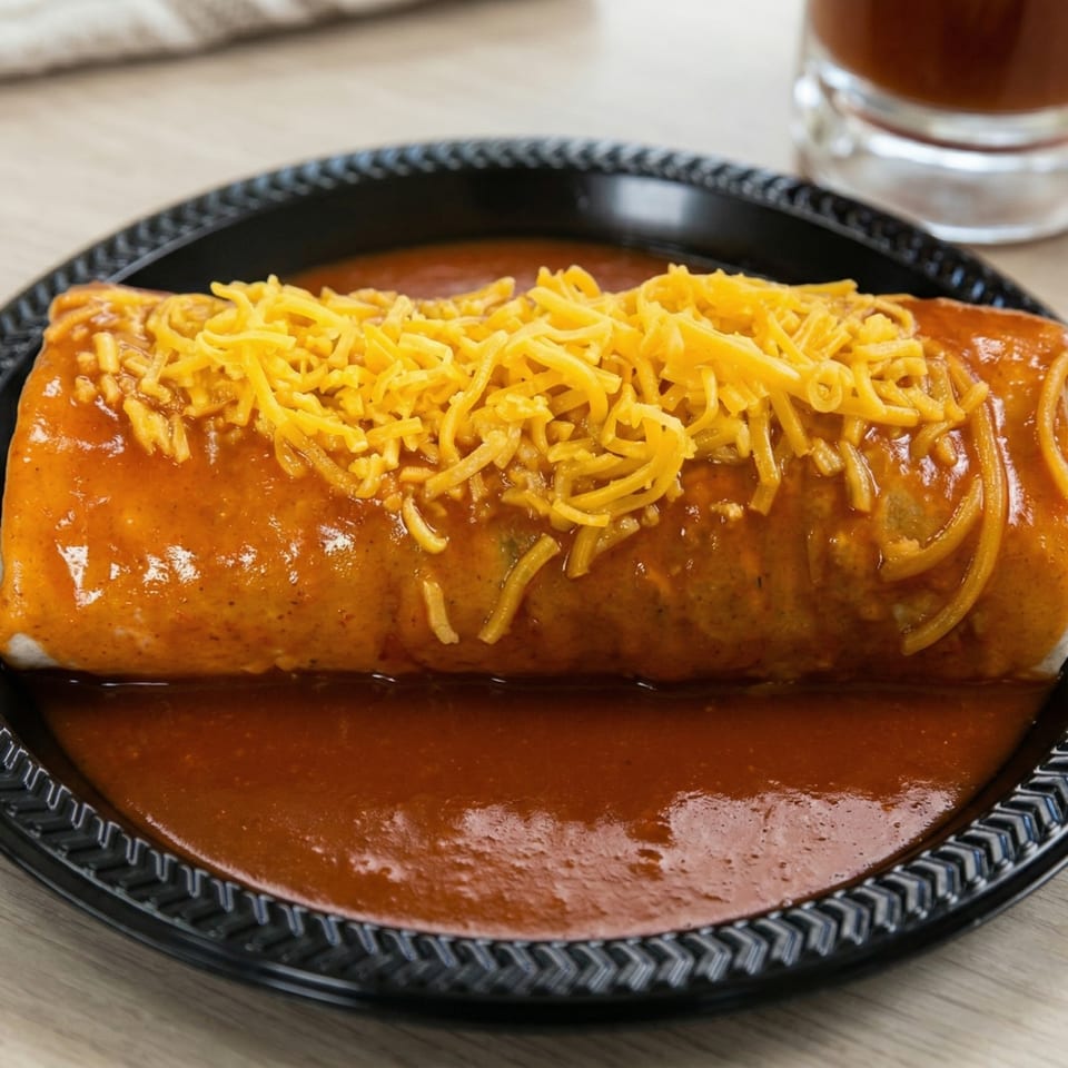 A large, smothered burrito covered in red sauce and shredded cheddar cheese on a black plate.