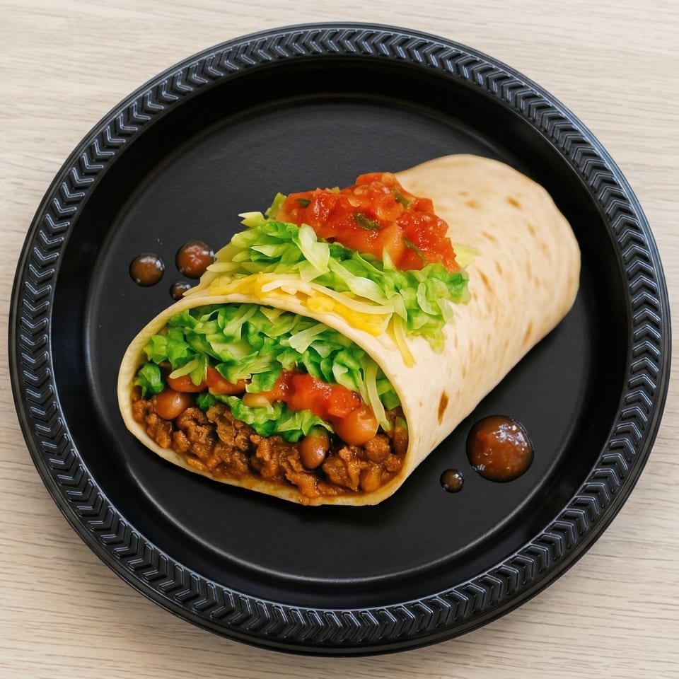 A large burrito filled with meat, beans, lettuce, cheese, and salsa on a black plate.