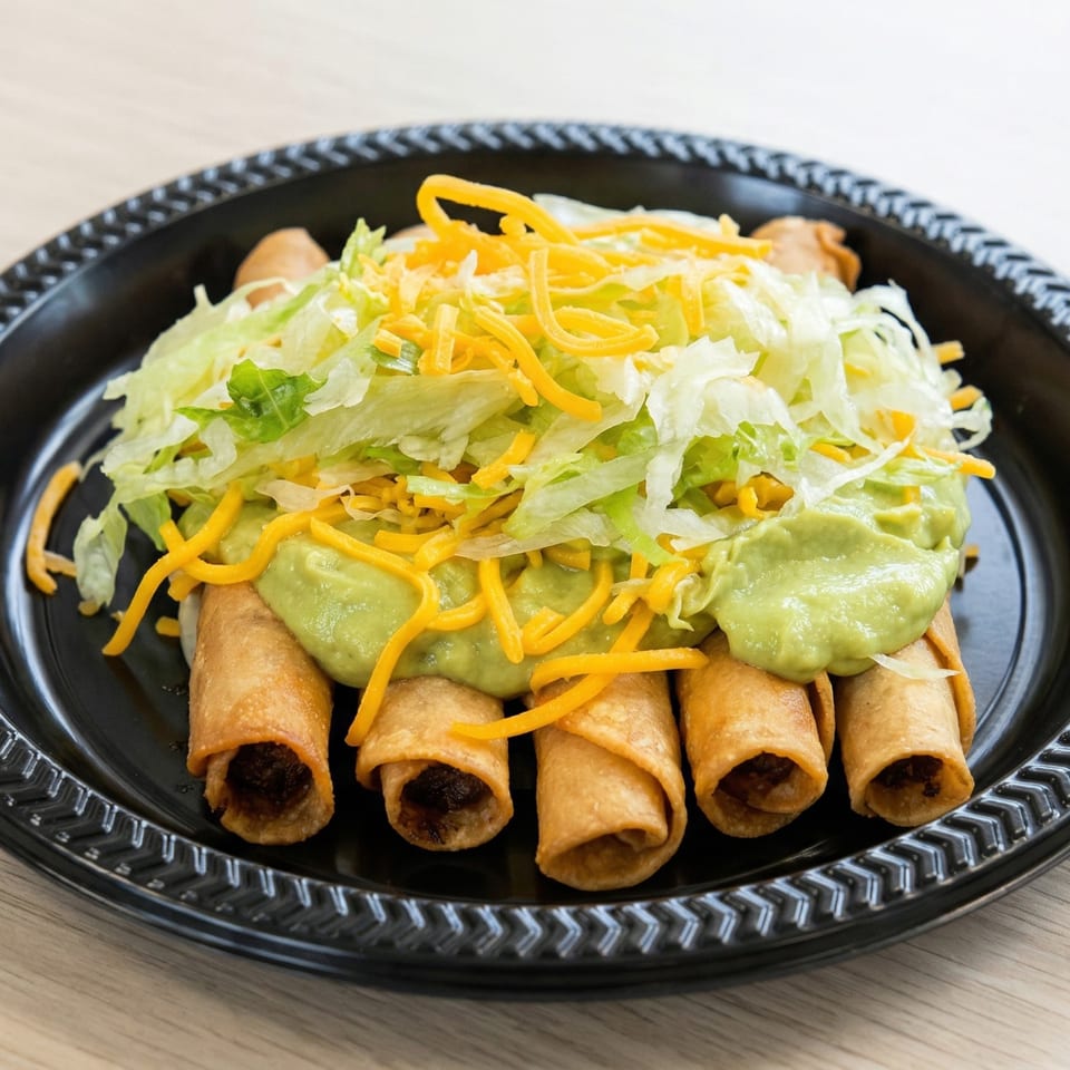 Five taquitos topped with guacamole, shredded lettuce, and cheddar cheese on a black plate.