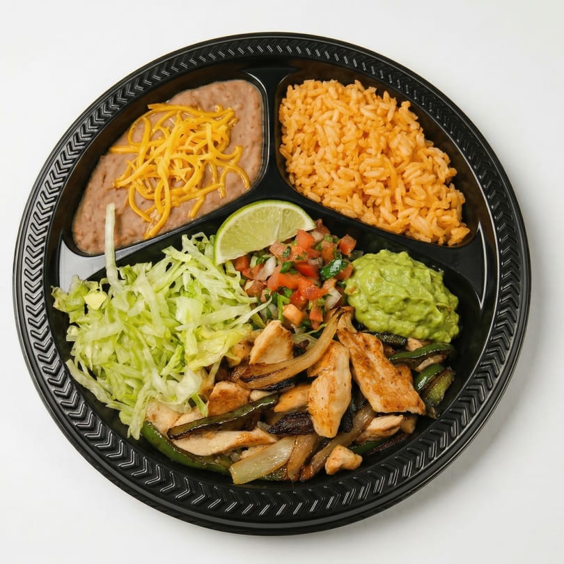 Chicken fajita platter with rice, beans, guacamole, pico de gallo, and shredded lettuce.